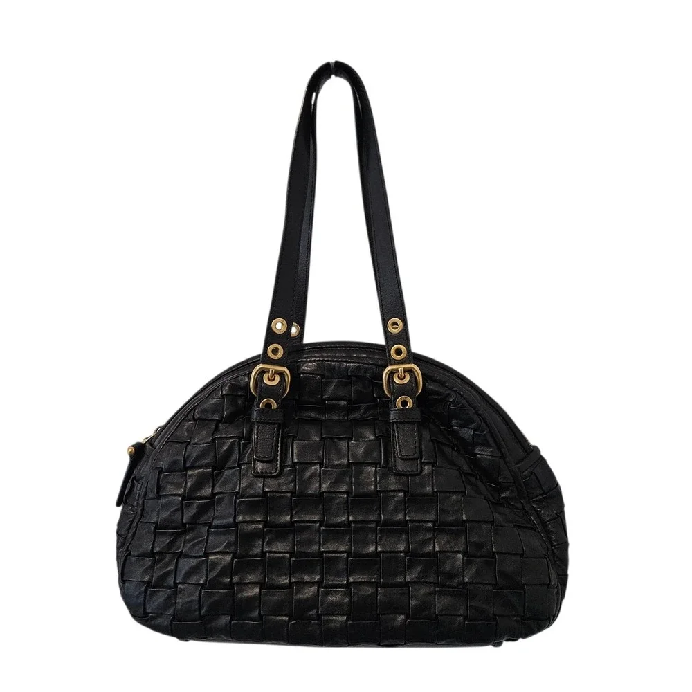 Escada Woven Satchel Shoulder Leather Bag Top Handle Gold Hardware Black